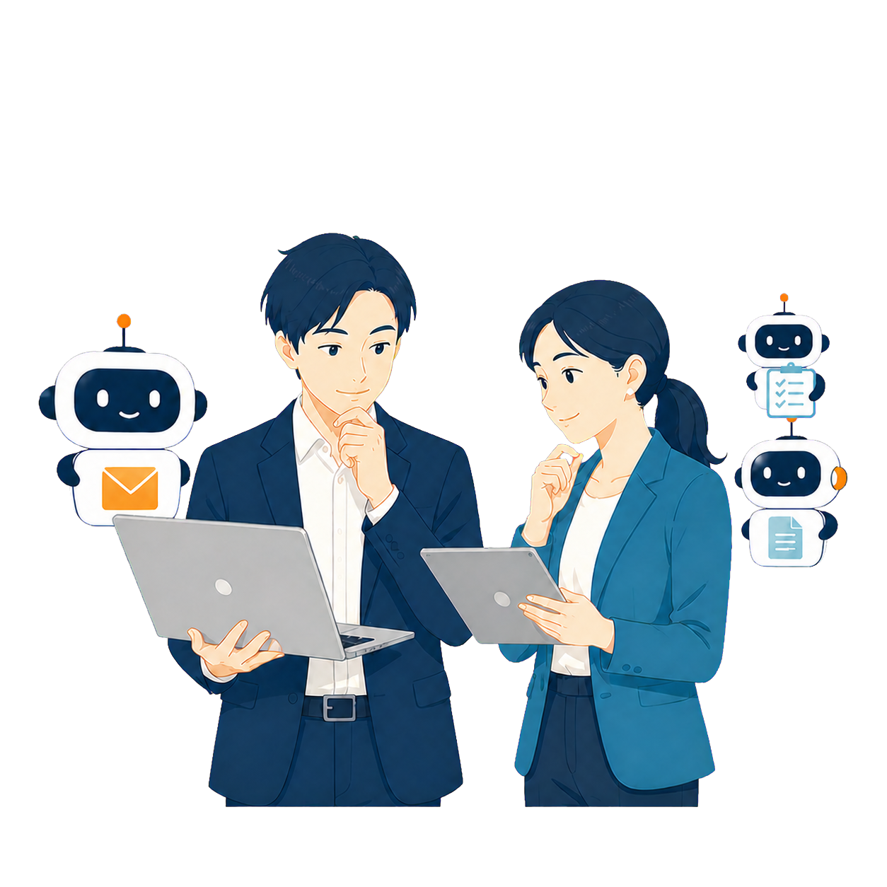 担当者と御社専用のAI社員チームが一緒に業務へ取り組むイラスト