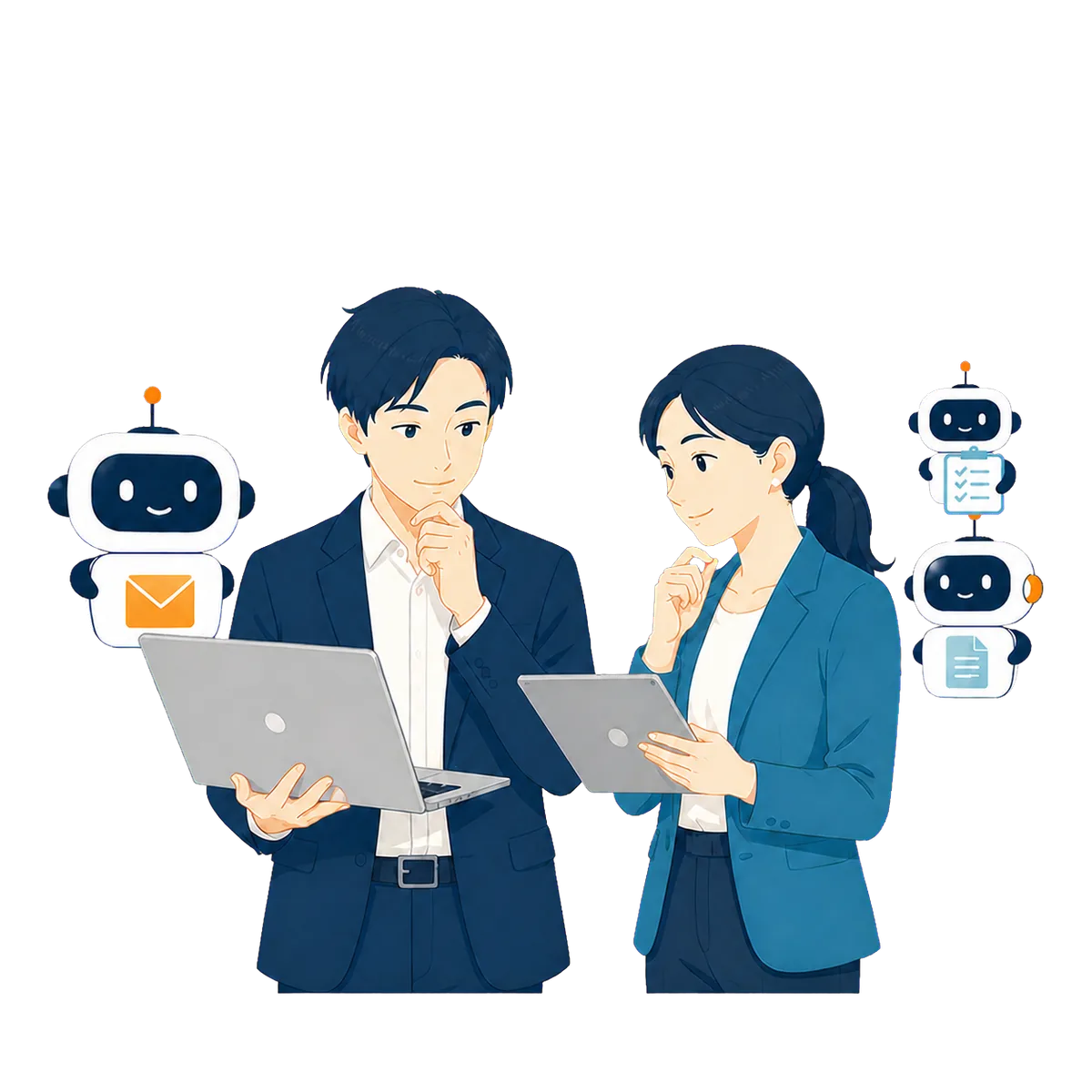 担当者と御社専用のAI社員チームが一緒に業務へ取り組むイラスト